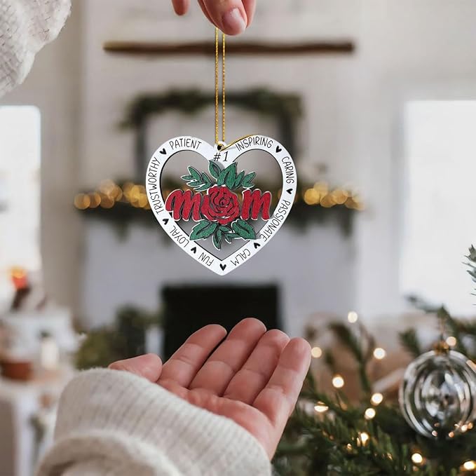 Best Mom Christmas Ornament – Heart Shaped Wooden Hanging Decoration with Rose Design, Gift for Mother, Sentimental Keepsake Ornament for Mom, Mother’s Day or Holiday Tree Decoration