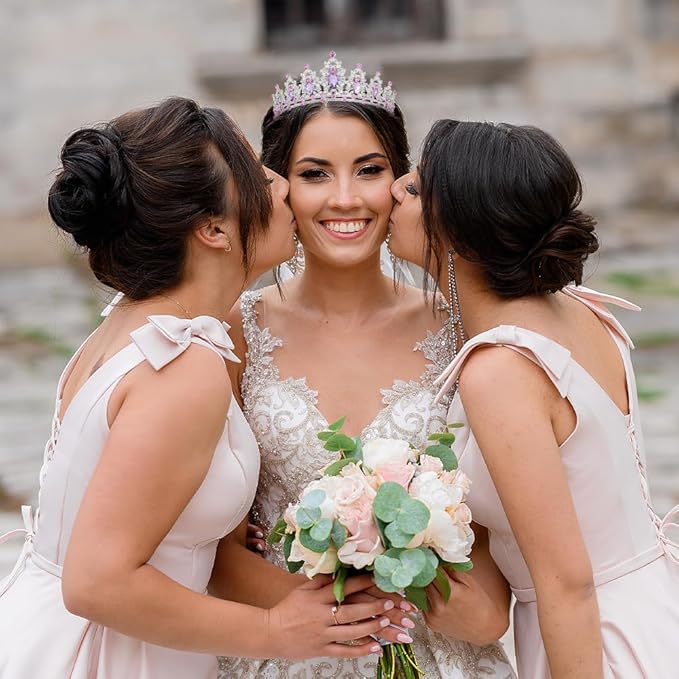 Crown and Wedding Veil Set Crown Headband Purple Crown Wedding Crown for Bride Silver Crown Bachelorette Veil Bride Veil Crystal Crown for Bachelorette Wedding Party Anniversary