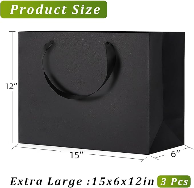 Large Black Gift Bags With Handles, 15x6x12 Inch Sturdy Kraft Paper Large Gift Bags, Bulk for Wedding, Party, Birthday, Business and Shopping (Black-XL-3-pcs)