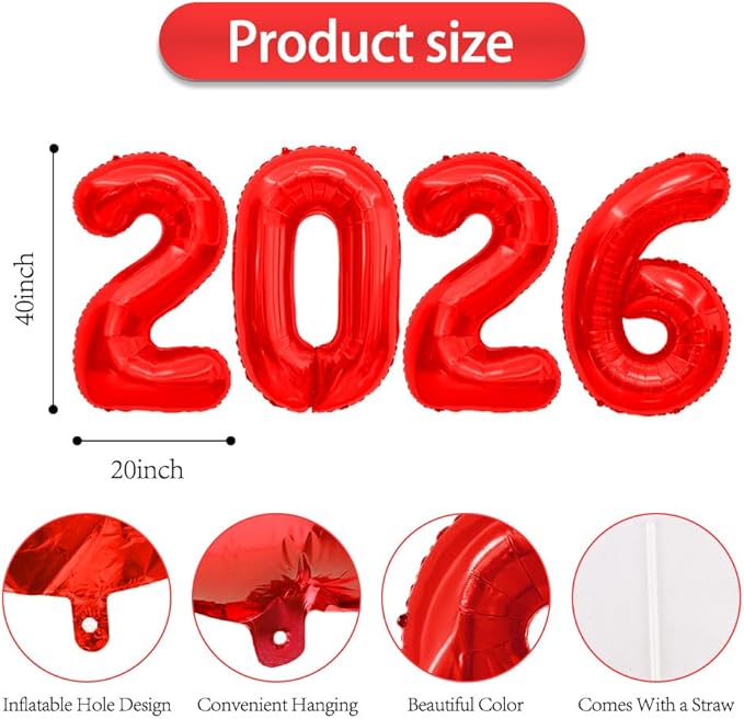 2026 Balloons, Balloon Numbers 2026 Number Balloons 2026, 40 Inch Foil Number Balloon for New Year Eve Festival Christmas Birthday Wedding Anniversary Party Supplies, New Years Decorations Red
