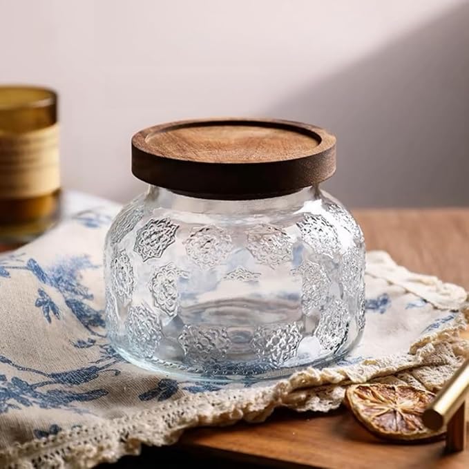 ANSQU Vintage Glass Jar with Solid Wood Lid, 25.4 FL OZ Snowflake Pattern Food Storage Jar, Home Kitchen Decorative Storage Cabinet, Oatmeal, Jam, Coffee, Candy, Cookie Jar, Pet Food Jar (Snowflake)