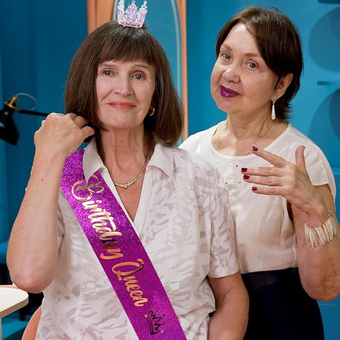 Birthday Queen Sash for Women Tiara & Crowns Headbands for Girls Happy Birthday Party Accessories Favor Supllies Leona Gold Silver Pink Purple, 2 Pack