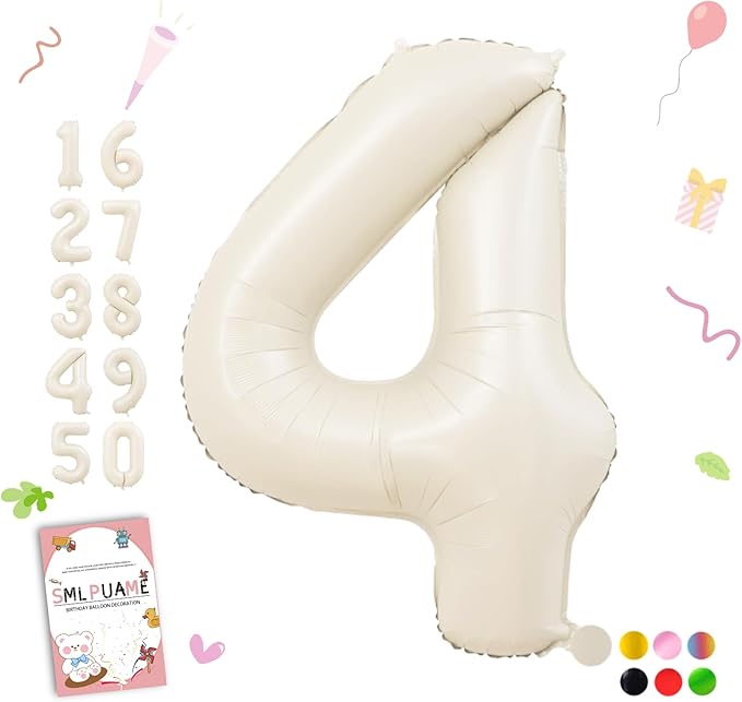 Smlpuame 40 Inch Beige Number 4 Balloons for 4th Birthday Decorations Boys Girl, Giant Self-Sealing Cream Foil Number 0-10 White Sand Balloon for Women Men Party Anniversary Baby Shower Supplies