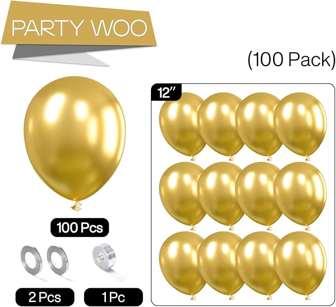 PartyWoo Metallic Gold Balloons 100 pcs 12 Inch Chrome Gold Latex Balloons for Graduation Baby Shower Gender Reveal Christmas Wedding New Year Anniversaries Birthday Party Decorations Gold-G101