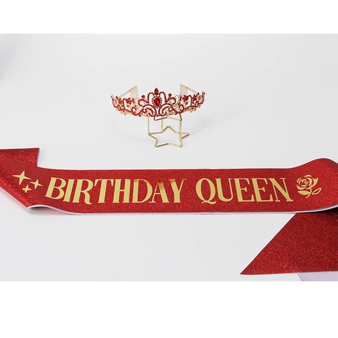Birthday Queen Tiara & Sash for Women Girls, Rhinestone Headband Princess Crown with comb Happy Birthday Party Decorations Favors Supplies (Red)