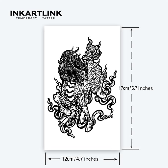 INKARTLINK Tattoo Tech,2 Sheets Extra-Large Semi Permanent Tattoo,Adult Art Design Temporary Tattoos, Lasts 1-2 Weeks, Waterproof, Realistic look, No Adhesive, No reflection (Kirin Design）