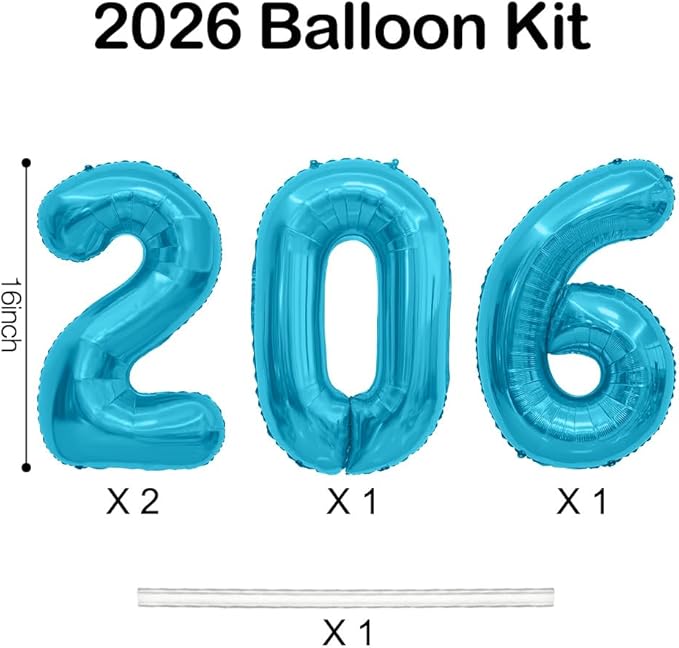 2026 Balloons, 2026 Number Balloons, 2026 Blue Balloon, Foil Happy New Year Balloon for New Year Eve Party Supplies 2026 Graduation Decorations Anniversary Birthday Home Office Decorations, 16 Inch