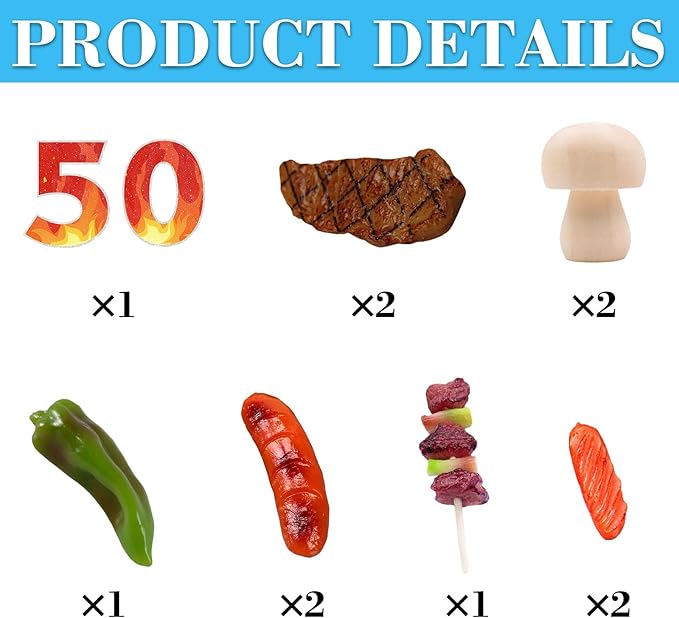 9 PCS BBQ Cake Topper Happy 50 Birthday Barbecue Decorations with Artificial Kebab and Hot Dog for Boys Girls Birthday Party Picnic Camping BBQ Theme Party Supplies