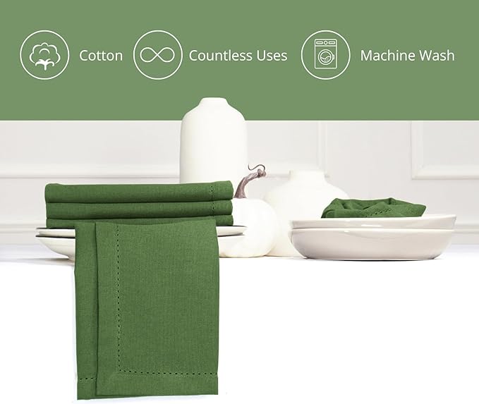 PurpleEssences Set of 12 Hemstitch Cloth Dinner Napkins 100% Cotton - Soft Durable Washable - Ideal for Wedding Christmas Holiday Winter - Perfect Everyday Use Table Linen 18x18 - Sage Green