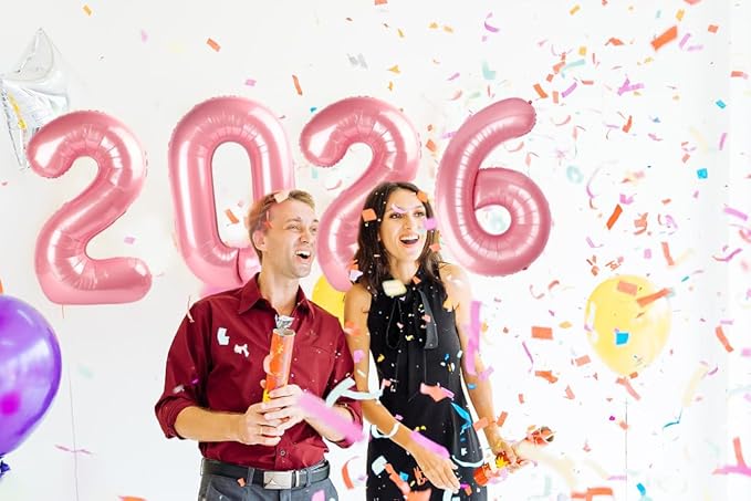 2026 Balloon Numbers - 40 Inch Pearlescent Pink New Years Eve Party Supplies 2026, Nye Decor Party Decorations Happy New Year, New Years Eve Foil Party Balloons