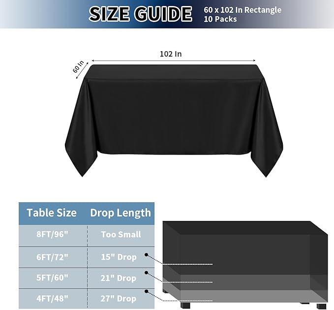 PureFit 10 Pack Rectangle Black Table Cloths 60 x 102 Inch for 6Ft Tables, Stain and Wrinkle Resistant Table Linens for Home Use, Wedding, Party, Banquet and Camping