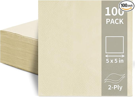 100 Pack Cocktail Napkins Disposable, 2-Ply 5" x 5" Party Napkins, Square Beverage Dinner Napkin for Wedding Birthday Party Anniversary Reception Bar Event (Ivory)