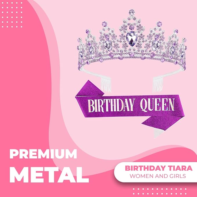 Birthday Tiara Crown with Sash for Women, Headband Hair Accessories for Wedding Party Costume Purple