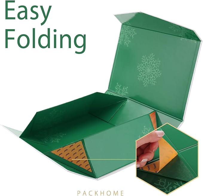 PACKHOME Large Christmas Gift Box 13.5x9x4.1 Inches, Sturdy Collapsible Gift Box with Magnetic Closure Lid (Green Snowflake Pattern)