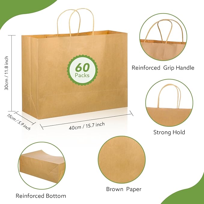 woric 60 PCS Brown Paper Bags with Handles, Christmas Gift Bags 16 x 6 x 12 inch Large Gift Bag Bulk Paper Bags Shopping Bags for Grocery Small Business Stocking Stuffers