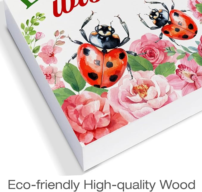 Dolimifa Summer Decorations Summer Floral Wood Block Sign Rustic Summer Decor for Home Desk Table Shelf 5 x 5 Inches, LADYBUG