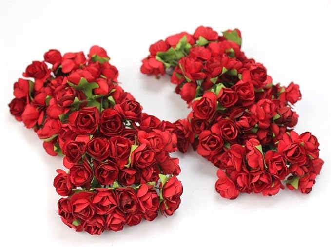 144pcs Mulberry Paper Mini Roses Artificial Flowers Heads with Stems for DIY Crafts Accessories Make Bridal Hair Clips Headbands Dress Wedding Bridal Bouquets Party Home Decor Valentine's(Red)