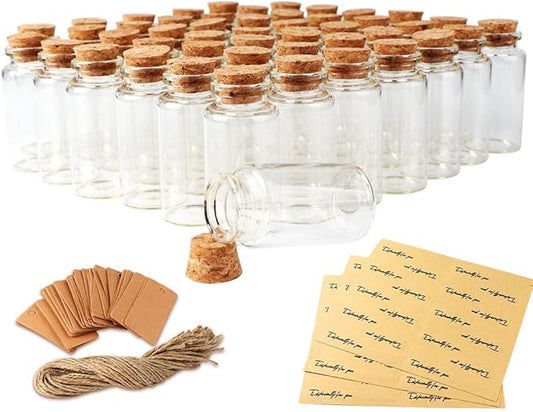 OurWarm 32PCS 40ml Small Glass Bottles with Cork Lids, Mini Jars Glass Vials with Wooden Corks Tags & Twines, Small Potion Message Bottles for Birthday Wedding Baby Shower DIY Crafts Gift Party Favors