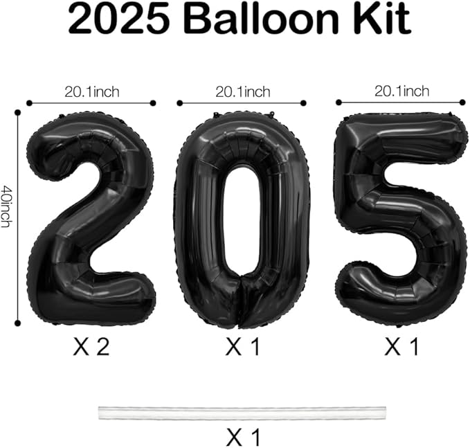 2025 Balloons, 40 Inch 2025 Number Balloons, 2025 Black Balloons, Large Foil Happy New Year Balloons for New Year Eve Party Supplies 2025, New Years Decorations 2025, Christmas, Graduations, Halloween