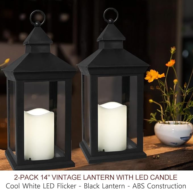 Bright Zeal 2-Pack 14" Candle Lanterns Outdoor Waterproof Decorative Lights with Timer - Cool White Decorative Indoor LED Lanterns Battery Operated