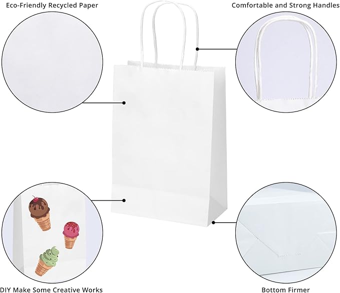 100 Pack 5.9x3.15x8.26 inch Small White Gift Bags, Kraft Bags with Handles Bulk for Birthday Party Favors,Gift Paper Bags,Retail Shopping Business Goody Craft Gift Bags
