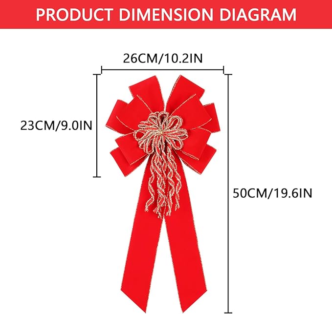 Super Holiday 2 Pack Red Christmas Bows, 20”x10.5” Large Velvet Christmas Tree Topper Ornaments for Xmas Tree Decorations, for Home Front Door Wreath Bow Indoor Outdoor Party Decor.