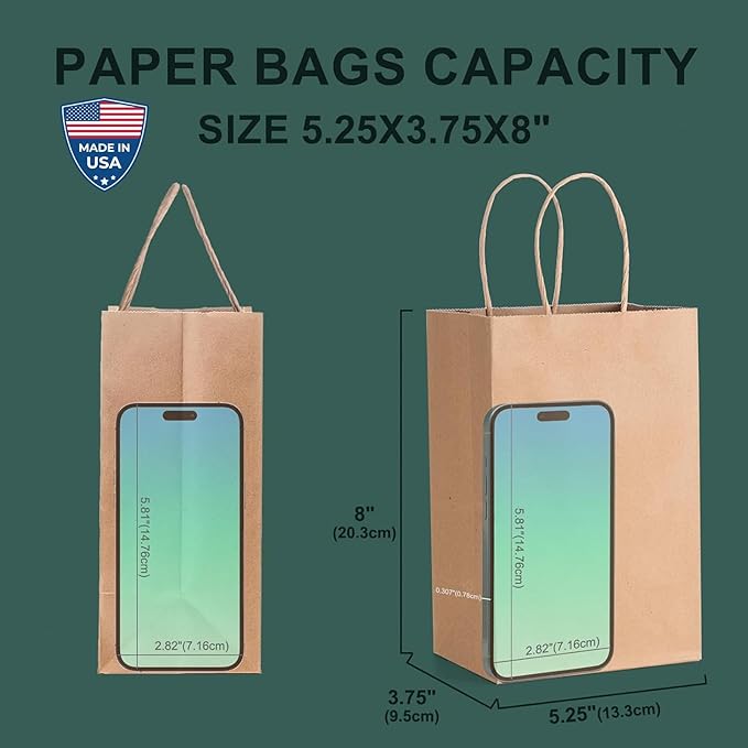 METRONIC Brown Paper Bags with Handles Bulk 5.25x3.75x8'' 400Pcs, Kraft Gift Bags for Small Business, Birthday Wedding Party Favor Bags, Christmas Gift bags, Retail shopping Bags