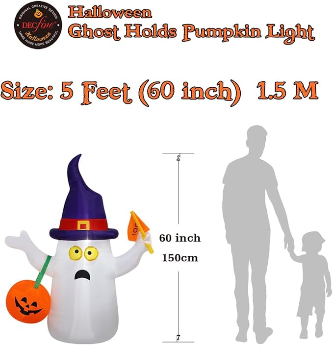 Halloween Blow up Inflatable Ghost Hold JackoLantern Decoration-Lighted Blow-Up for Home Yard Garden Indoor and Outdoor Decoration with Built in Fan and Anchor Ropes (Ghost with Boo Flag)