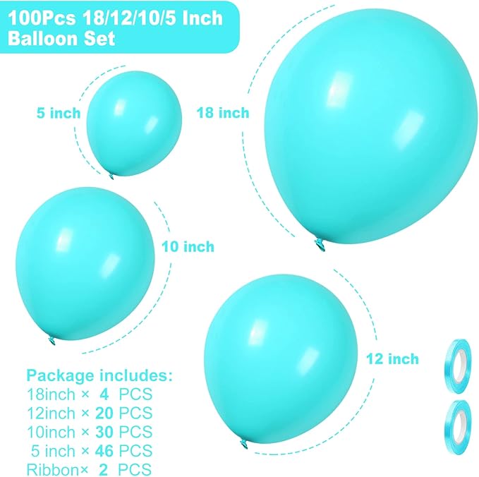 100Pcs Teal Blue Balloons, 18/12/10/5 Inch Turquoise Blue Balloon Garland Arch Kit Matte Teal Latex Balloon Different Sizes for Birthday Wedding Baby Shower Graduation Gender Reveal Party Decoration