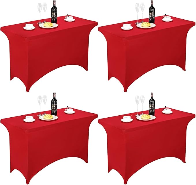 FORLIFE 4Pack Spandex Table Covers，Fitted Tablecloth for Rectangular Tables, Stretch Patio Table Covers, Universal Spandex Table Cover for Wedding, Banquet, Party (4ft, Red)