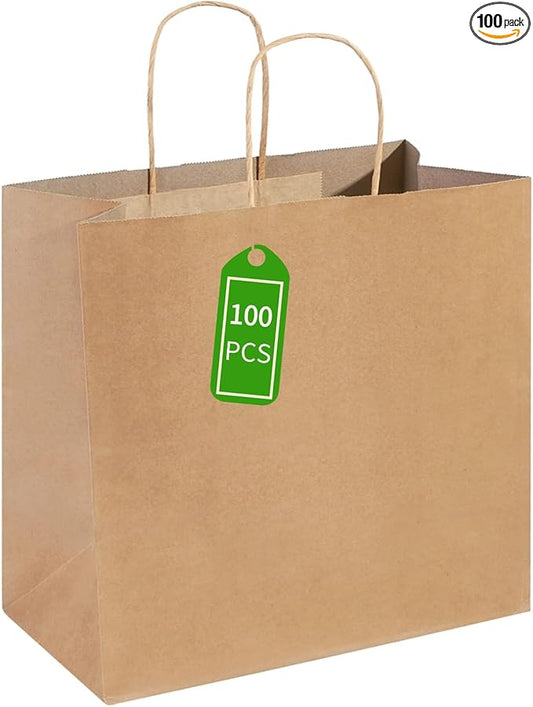 PAICUIKE 100Pcs Large Brown Paper Bags with Handles, 13x7x13 Inch Gift Bags for Business, Shopping, Party, Wedding & Birthday | Natural Brown Kraft Bags for Retail, Merchandise & Events