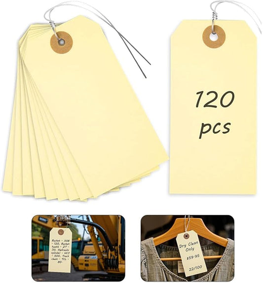SallyFashion Pricing Tags with String, 120 PCS Blank Manila Tags with Metal Wire for Labeling, Equipment Shipping Labels with String for Gift Luggage Garage Clothes Inventory Sale Tag, 4 3/4" x 2 3/8"