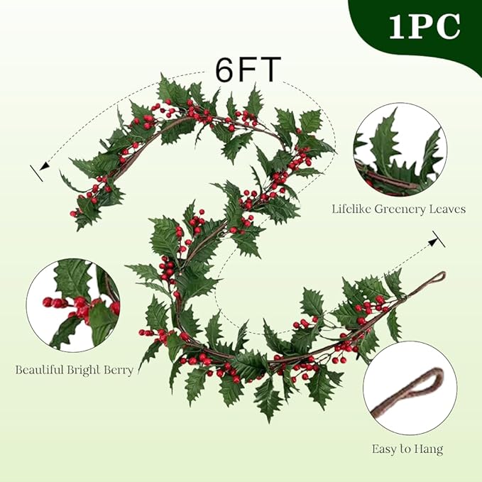 72inch Christams Garland for Front Door,Artificial Green Leaves Paired with Berries for Door Wall Window Fireplace Party Decor