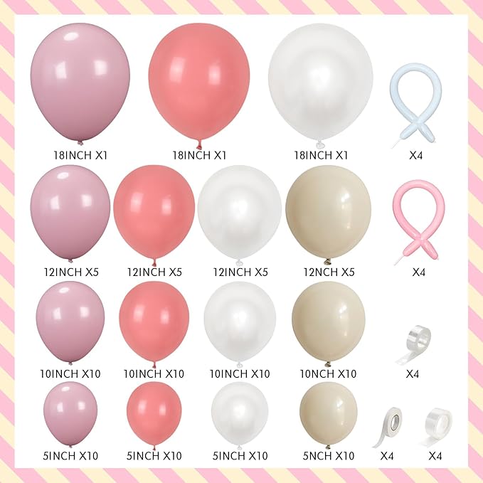 Pink and White Balloons Arch, Dusty Pink Bow Balloons Garland, Blush Beige Cream Latex Balloon, White Long Balloon as Bow Decor for Neutral Boho Birthday Party Baby Shower Bridal Wedding