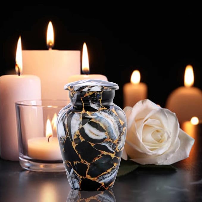 Small Keepsake Cremation Urns for Human Ashes - Marble Finish Metal Keepsake Urn - Mini Cremation Urn for Pet Ashes - Handcrafted Memorial Urn - Funeral Urns with Velvet Bag (Luxury Black)