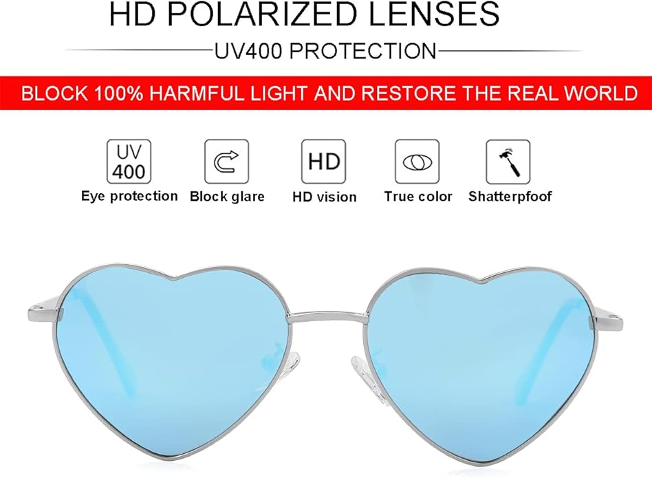 JOVAKIT Polarized Heart Sunglasses for Women Fashion Lovely Style Metal Frame UV400 Protection Lens