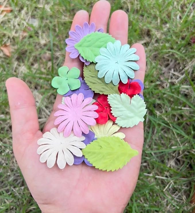 100 Pcs Handmade Mixed Mulberry Paper Flowers Petals and Leaves Scrapbooking Wedding DIY Craft Supplies Card(Mixed Pastel Flowers/Green Tone Leaves)