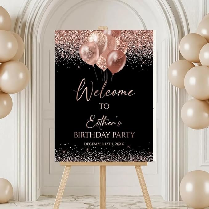 Editable Birthday Welcome Sign, Rose Gold Balloons Birthday Welcome Poster, Glitter Confetti Birthday Decoration, birthday decorations, birthday Sign