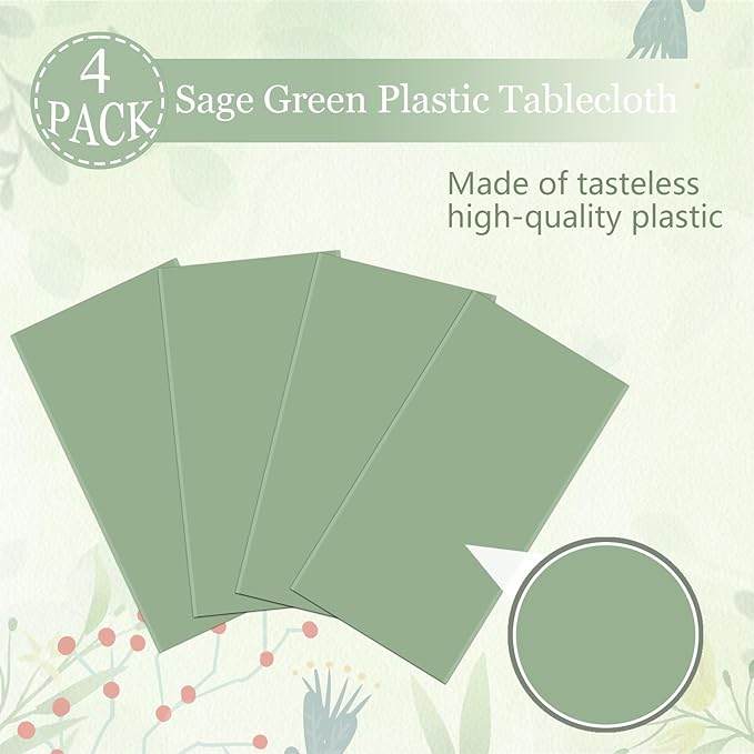 WNINK 4 Pcs Sage Green Plastic Tablecloth for Rectangle Tables Waterproof Green Disposable Table Cover Green Tablecloths for Birthday Wedding Bridal Shower Engagement Parties (54 x 108 Inch)