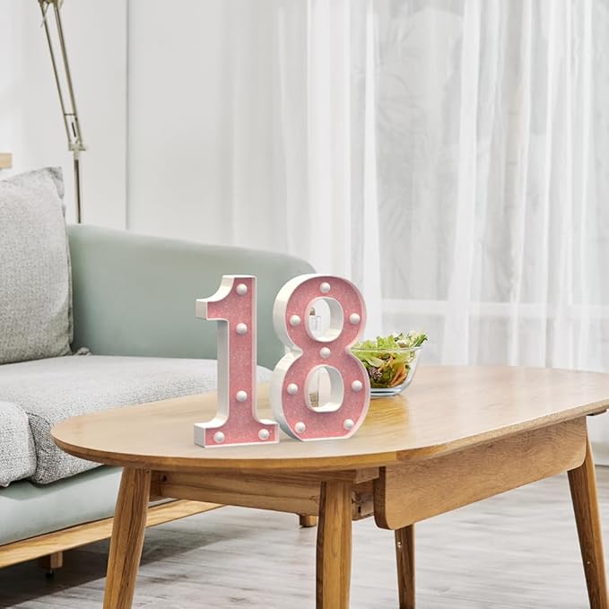 Marquee Light up Numbers 0-9, Battery Powered LED Light, Pink Glitter Plastic for 18th Birthday Decorations, Graduation Engagement Wedding Decor (Number 18)