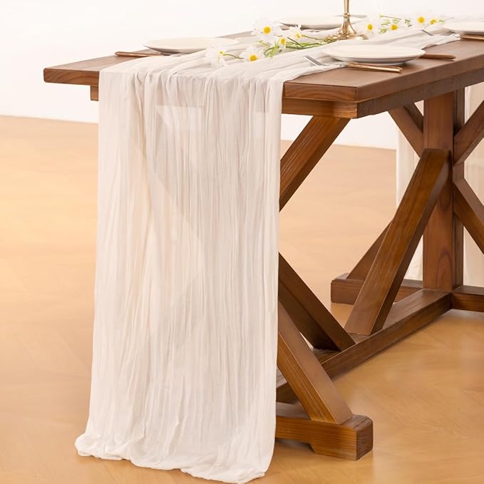 Socomi 15pcs Ivory White Cheesecloth Table Runner Fall Thanksgiving Boho Rustic Gauze 120 inch 10FT Cheese Cloth Runner for Wedding Party Baby Shower Birthday Home Decor Holiday Decorations