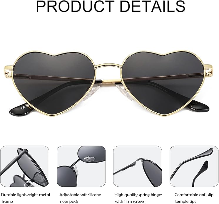 JOVAKIT Polarized Heart Sunglasses for Women Fashion Lovely Style Metal Frame UV400 Protection Lens