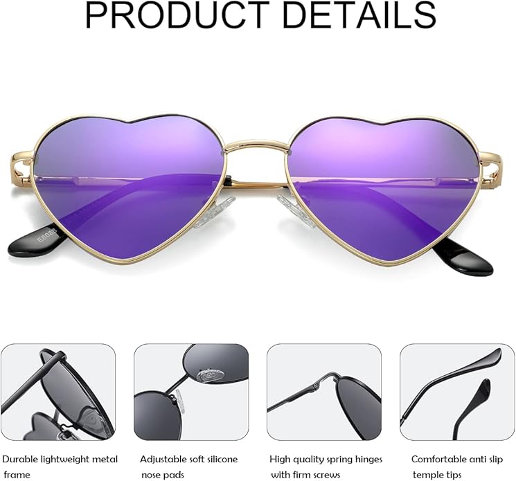JOVAKIT Polarized Heart Sunglasses for Women Fashion Lovely Style Metal Frame UV400 Protection Lens