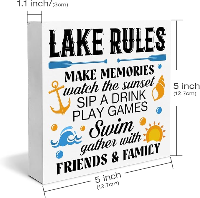 Summer Lake Decor Lake House Wood Block Sign Lake Rules Decorations for Home Desk Table Shelf 5 x 5 Inches