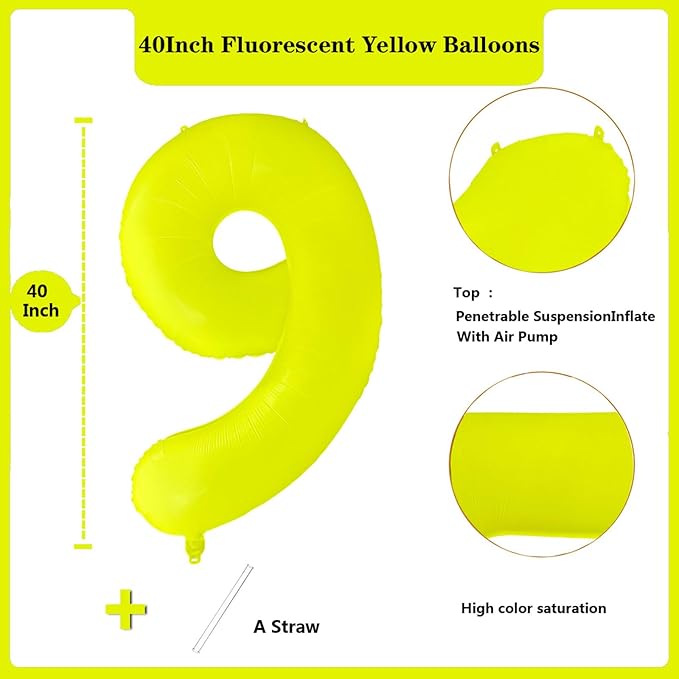 Fluorescent Yellow Number Balloon 40 inch Giant Foil Helium Balloons Yellow Number 9 Balloon for 9th Birthday Party Decorations