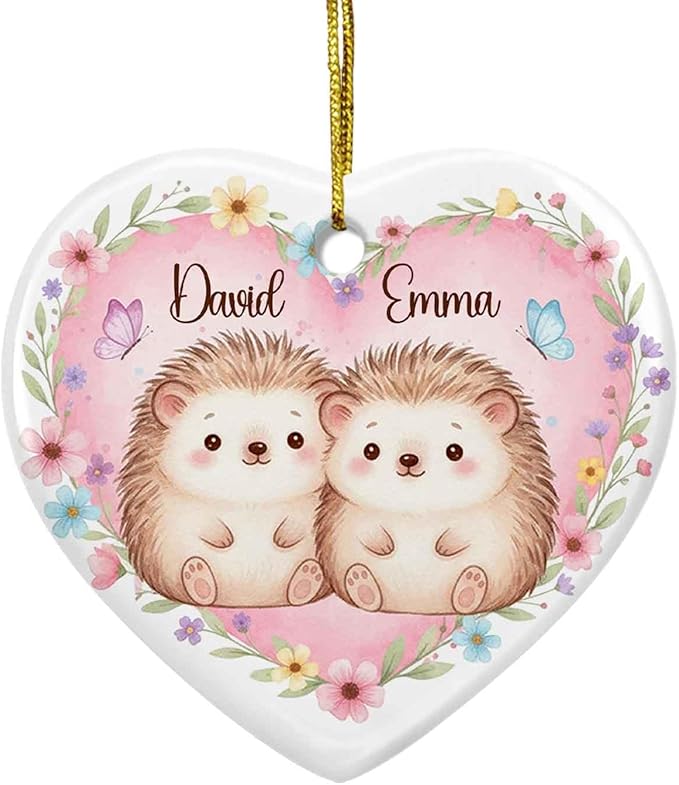 Just Married Engaged Ceramic Ornament Christmas, Personalized Hedgehog Couple with Flower Ornament Xmas, Hedgehogs Keepsake Gift for Newly Couple, Custom Names Hedgehog 1St Xmas Together Ornaments