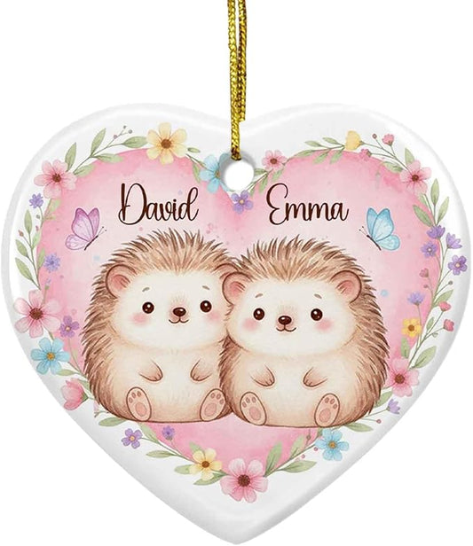 Just Married Engaged Ceramic Ornament Christmas, Personalized Hedgehog Couple with Flower Ornament Xmas, Hedgehogs Keepsake Gift for Newly Couple, Custom Names Hedgehog 1St Xmas Together Ornaments