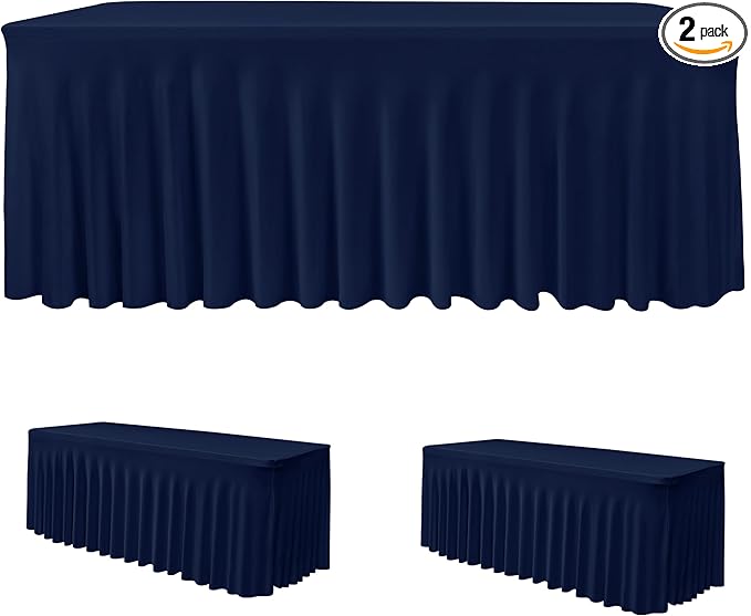 HolidayIdeas 8ft Spandex Tablecloth 2 Pcs Fitted Stretch Table Skirts 30x96 Inch,Navy Blue Ruffle Design Wrinkle-Free Polyester Table Cover for Vendor Booth, Parties Banquets, Events