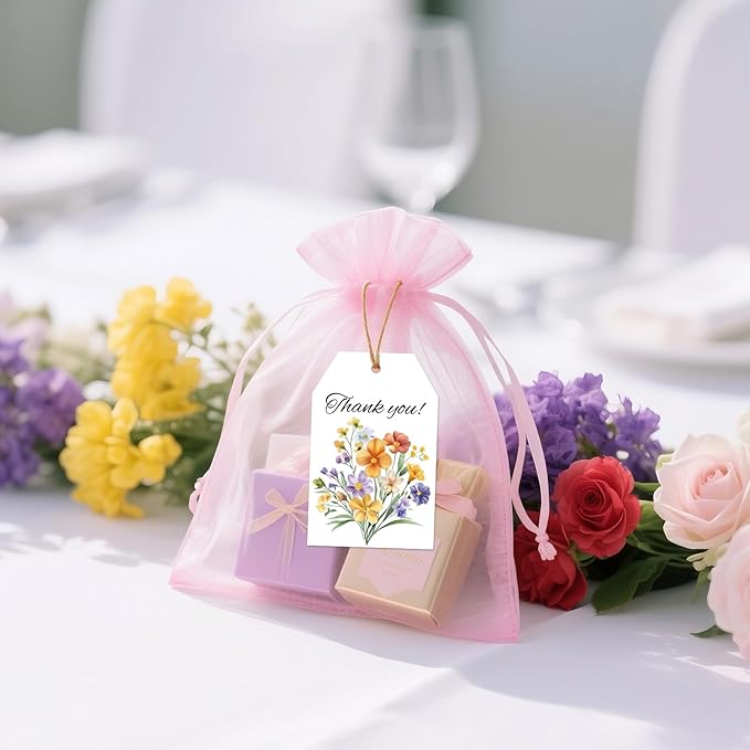 G2PLUS 50Pcs Thank You Tags - 3.3x2.2 in Floral Gift Tags with String, Thank You for Celebrating with Us Tag, White Paper Party Favors Hangtag for Wedding, Baby Shower, Bridal Shower, Birthday