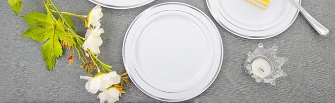 FLOWERCAT 60PCS Silver Plastic Plates - Heavy Duty White and Silver Plastic Plates Disposable - Include 30PCS 10.25inch Dinner Plates and 30PCS 7.5inch Dessert Plates for Wedding&New Year&Christmas